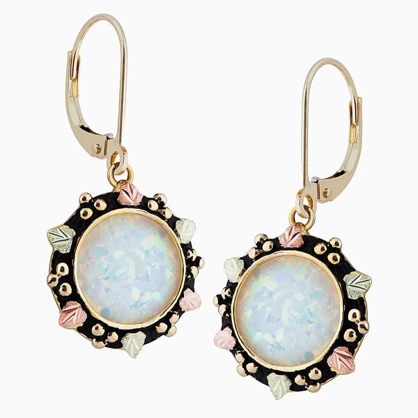 Created Opal Antiqued Earrings, 10k Yellow Gold, 12k Green and Rose Gold Black Hills Gold Motif