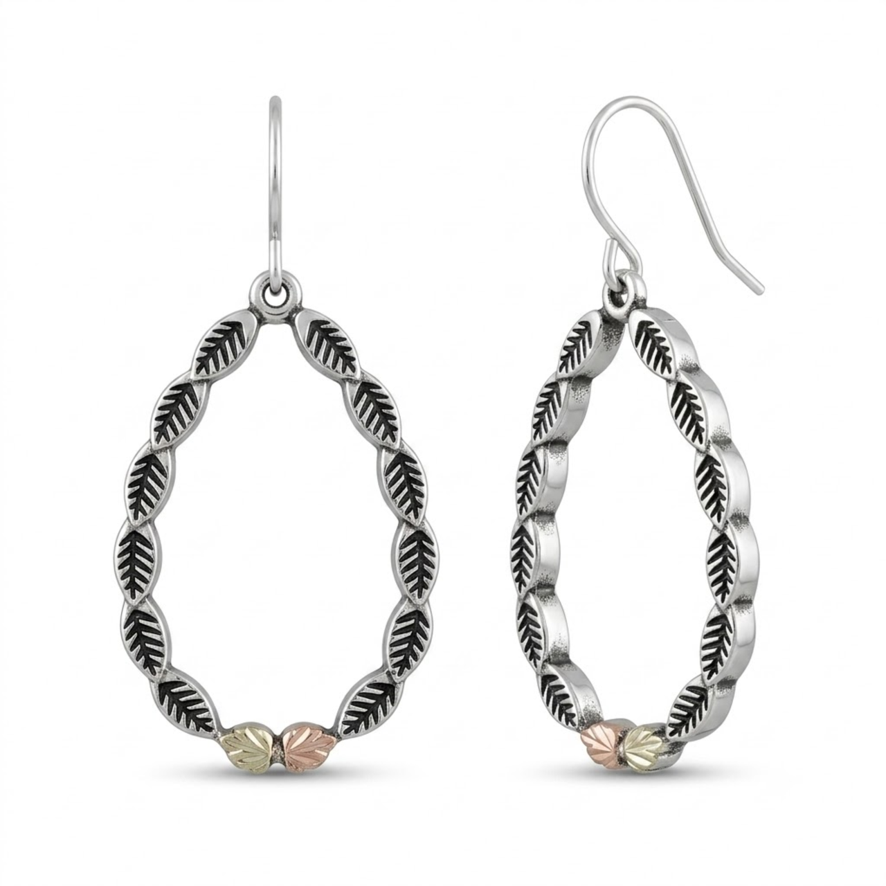 Antiqued Loop Dangle Earring, Sterling Silver, 12k Green and Rose Gold Black Hills Gold Motif