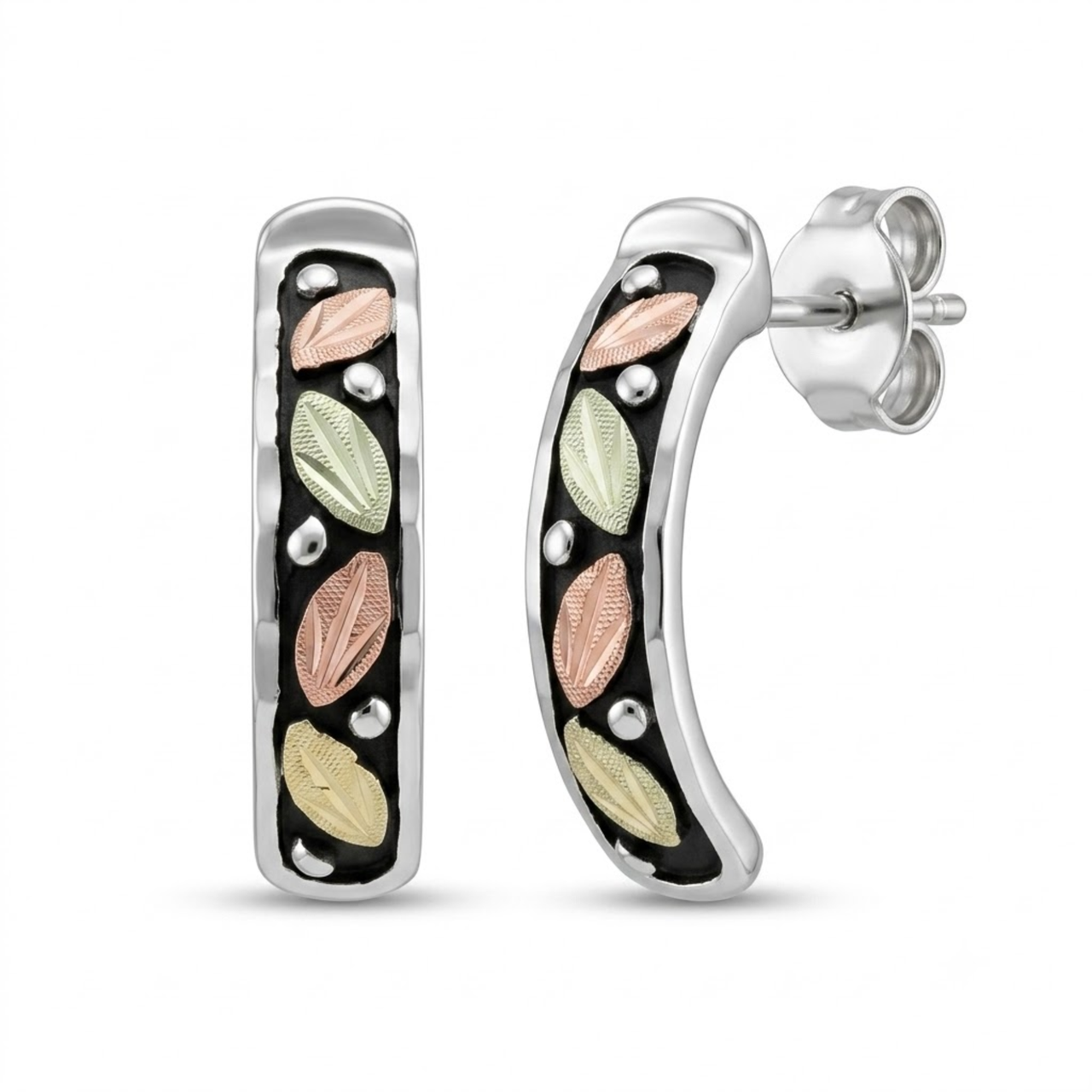 Antiqued Semi Hoop Earrings, Sterling Silver, 12k Green and Rose Gold Black Hills Gold Motif