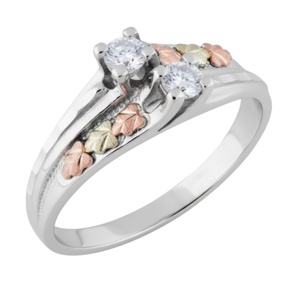 Ave 369 2 Stone CZ Ring, Sterling Silver, 12k Green and Rose Gold Black Hills Gold Motif