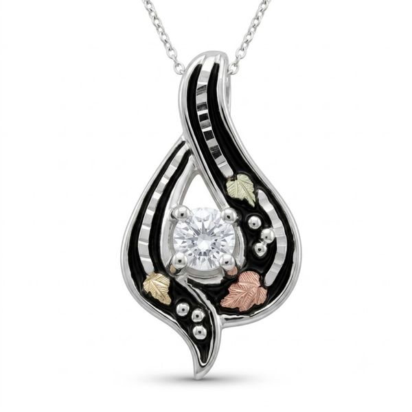 CZ Antiqued Pendant Necklace, Sterling Silver, 12k Green and Rose Black Hills Gold Motif, 18''