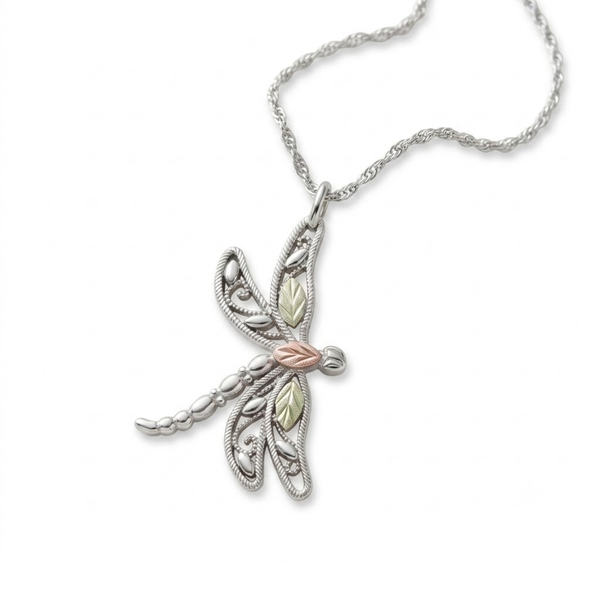 Ave 369 Dragonfly Pendant Necklace, Sterling Silver, 12k Green Gold, 12k Rose Gold Black Hills Gold, 18''