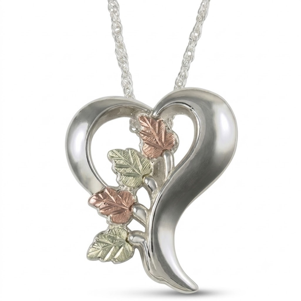 Heart Pendant Necklace, Sterling Silver, 12k Green and Rose Gold Black Hills Gold Motif, 18''