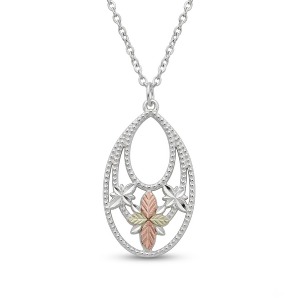 Circle Teardrop Pendant Necklace, Sterling Silver, 12k Green and Rose Gold Black Hills Gold Motif, 18"