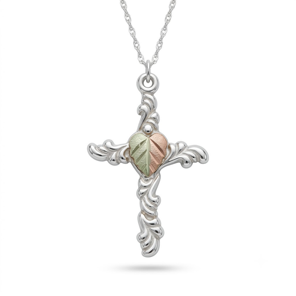 Sacred Heart Cross Pendant Necklace, Sterling Silver, 12k Green Gold, 12k Rose Gold Black Hills Gold, 18"