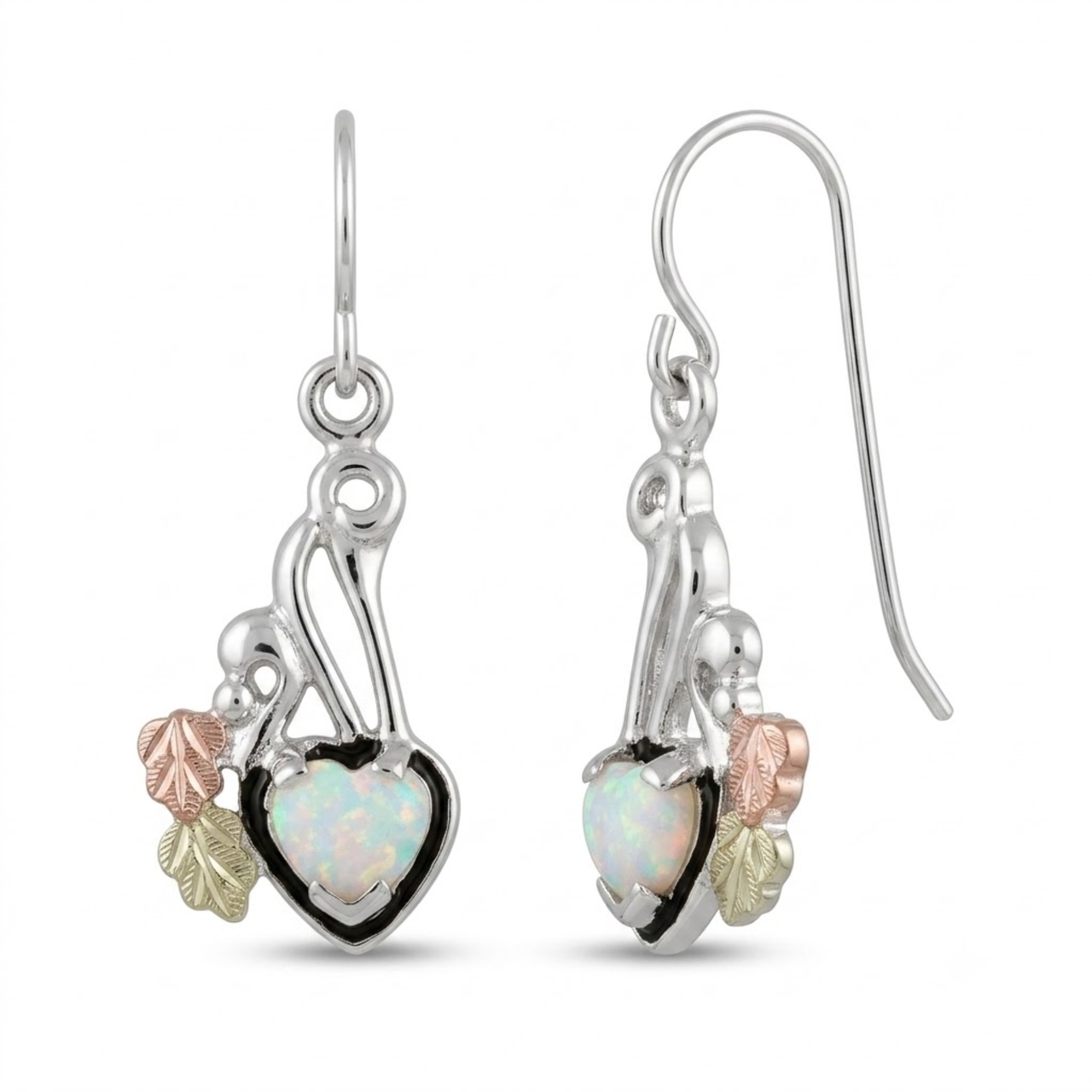 Ave 369 Created Opal Heart Antique Earrings, Sterling Silver, 12k Green Gold and Rose Gold Black Hills Gold Motif