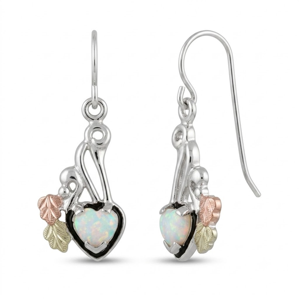 Ave 369 Created Opal Heart Antique Earrings, Sterling Silver, 12k Green Gold and Rose Gold Black Hills Gold Motif