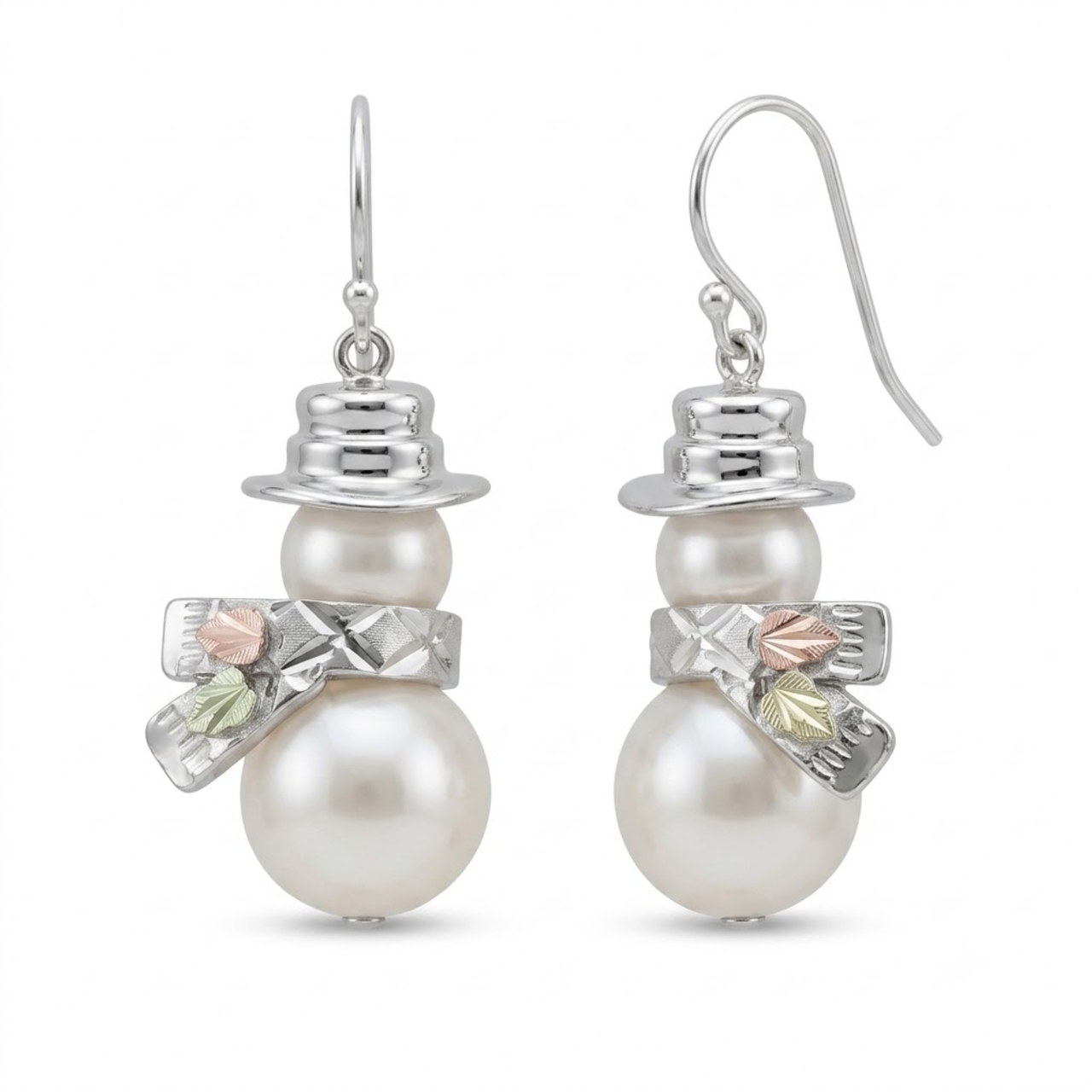 White Pearl Snowman Earrings, Sterling Silver, 12k Green and Rose Gold Black Hills Gold Motif (6-8 MM)