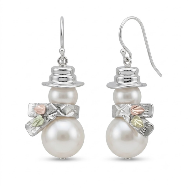 White Pearl Snowman Earrings, Sterling Silver, 12k Green and Rose Gold Black Hills Gold Motif (6-8 MM)