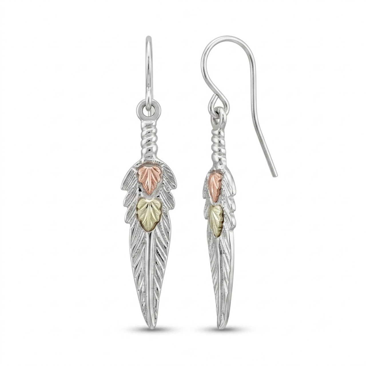 Diamond-Cut Feather Earrings Sterling Silver, 12k Green and Rose Gold Black Hills Gold Motif