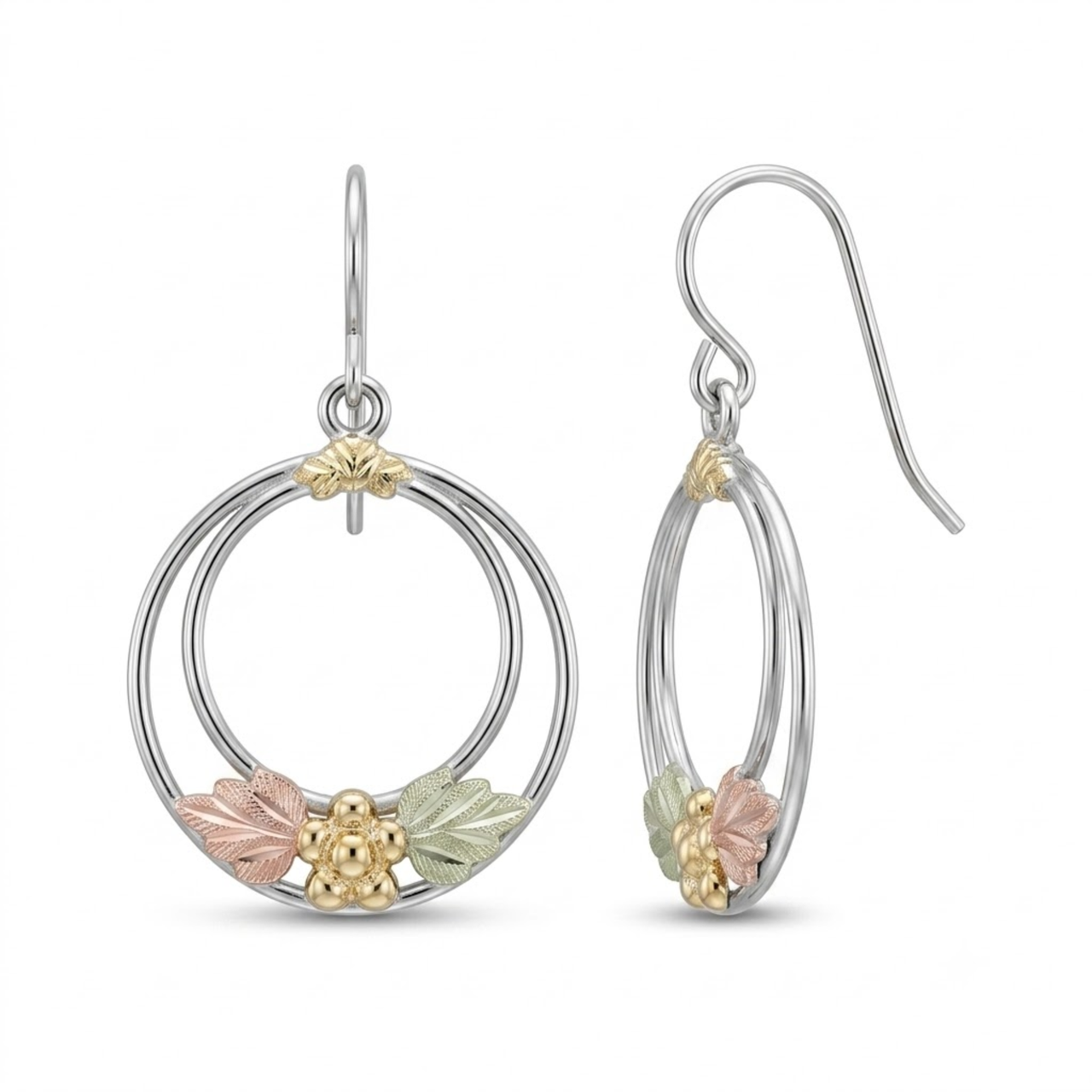 Twice Circle Hoop Earrings, Sterling Silver, 12k Green and Rose Gold Black Hills Gold Motif