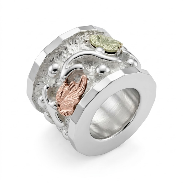 Rhodium-Plated Sterling Silver Diamond-Cut Edge Bracelet Charm, 12k Rose and Green Gold Black Hills Gold