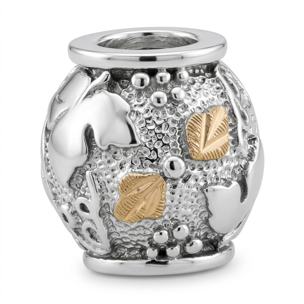 Engraved Charm Bead, Sterling Silver, 12k Green and Rose Gold Black Hills Gold Motif