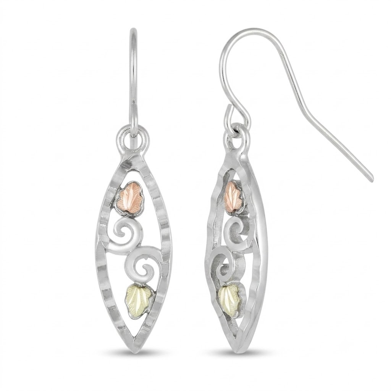 Diamond-Cut Oval Dangle Earrings, Sterling Silver, 12k Green and Rose Gold Black Hills Gold Motif