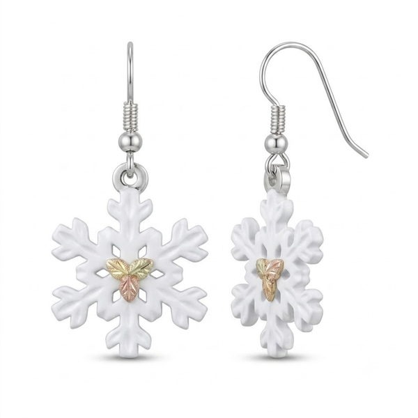 White Powder Coat Snow Flake Earrings, Sterling Silver, 12k Rose Gold Black Hills Gold Motif