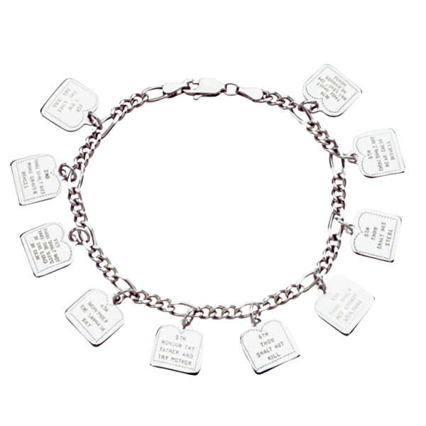Sterling Silver Ten Commandments Charm Bracelet, 7"