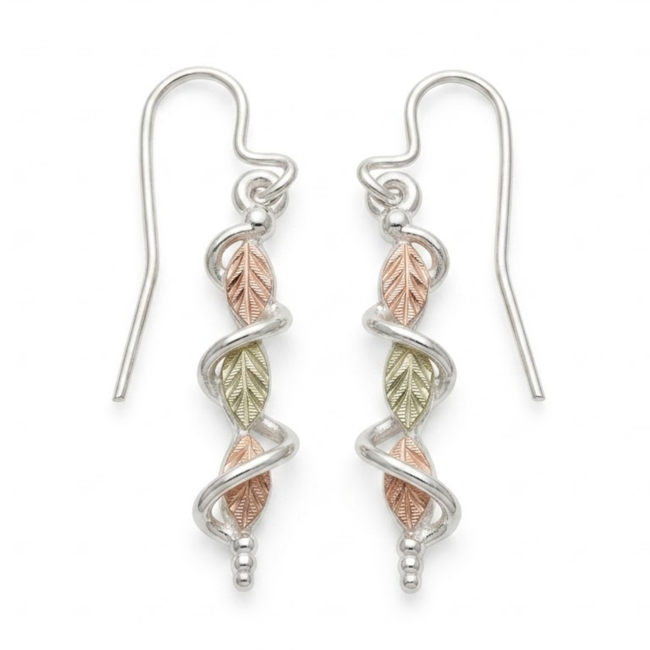 Leaf Dangle Earrings Sterling Silver, 12k Green and Rose Gold Black Hills Gold Motif