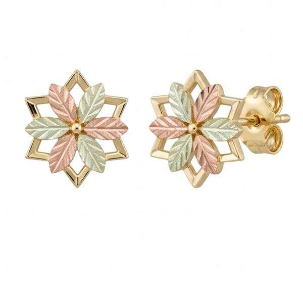 Petals Pinwheel Star Earrings, 10k Yellow Gold, 12k Green and Rose Gold Black Hills Gold Motif
