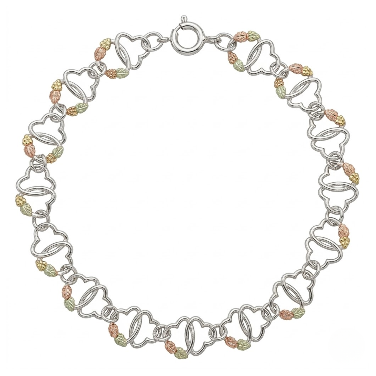 Interlink Twin Heart Bracelet, Sterling Silver, 12k Green and Rose Gold Black Hills Gold Motif, 6.75"