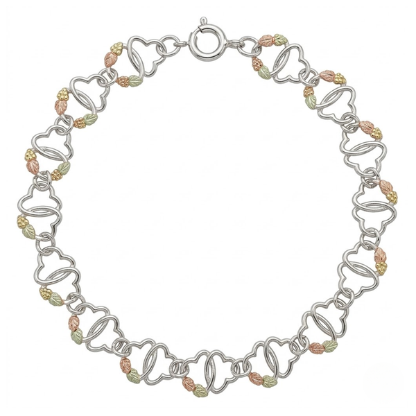 Interlink Twin Heart Bracelet, Sterling Silver, 12k Green and Rose Gold Black Hills Gold Motif, 6.75"