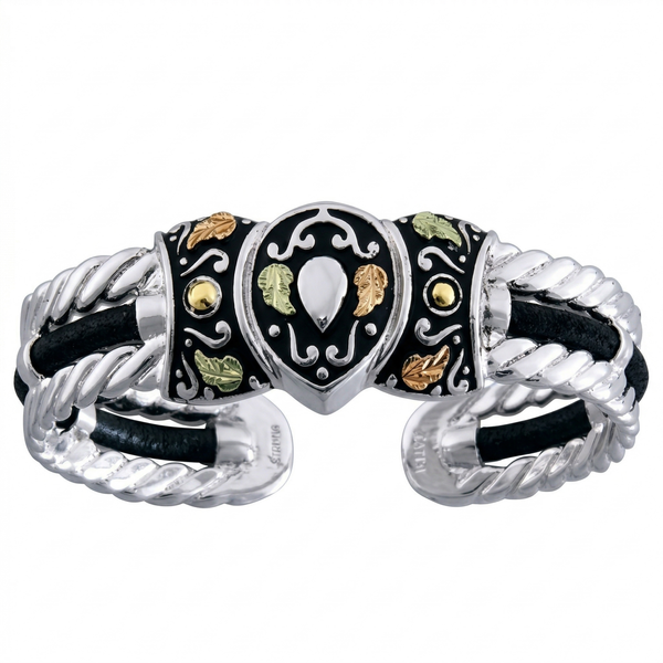 Antiqued Western Rope Trim Cuff Bracelet, Sterling Silver, 12k Green and Rose Gold Black Hills Gold Motif
