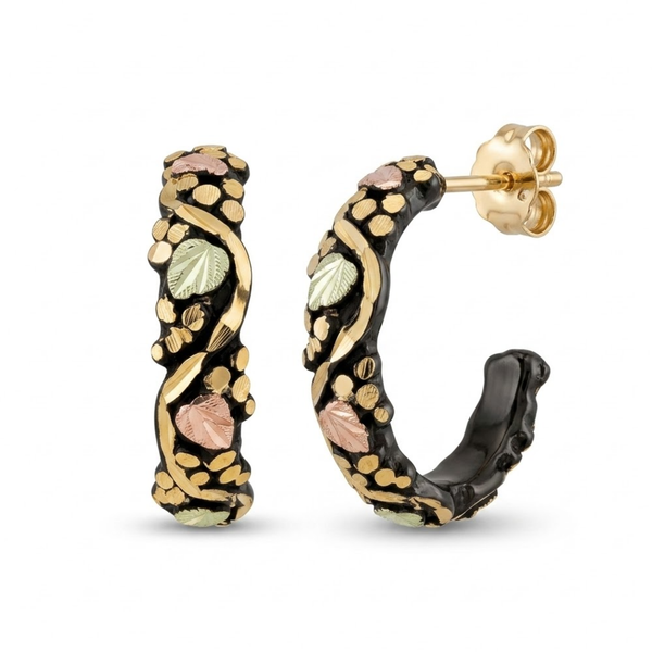 Semi Hoop Black Powder Coast Earrings with Leaves, 10k Yellow Gold, 12k Green and Rose Gold Black Hills Gold Motif