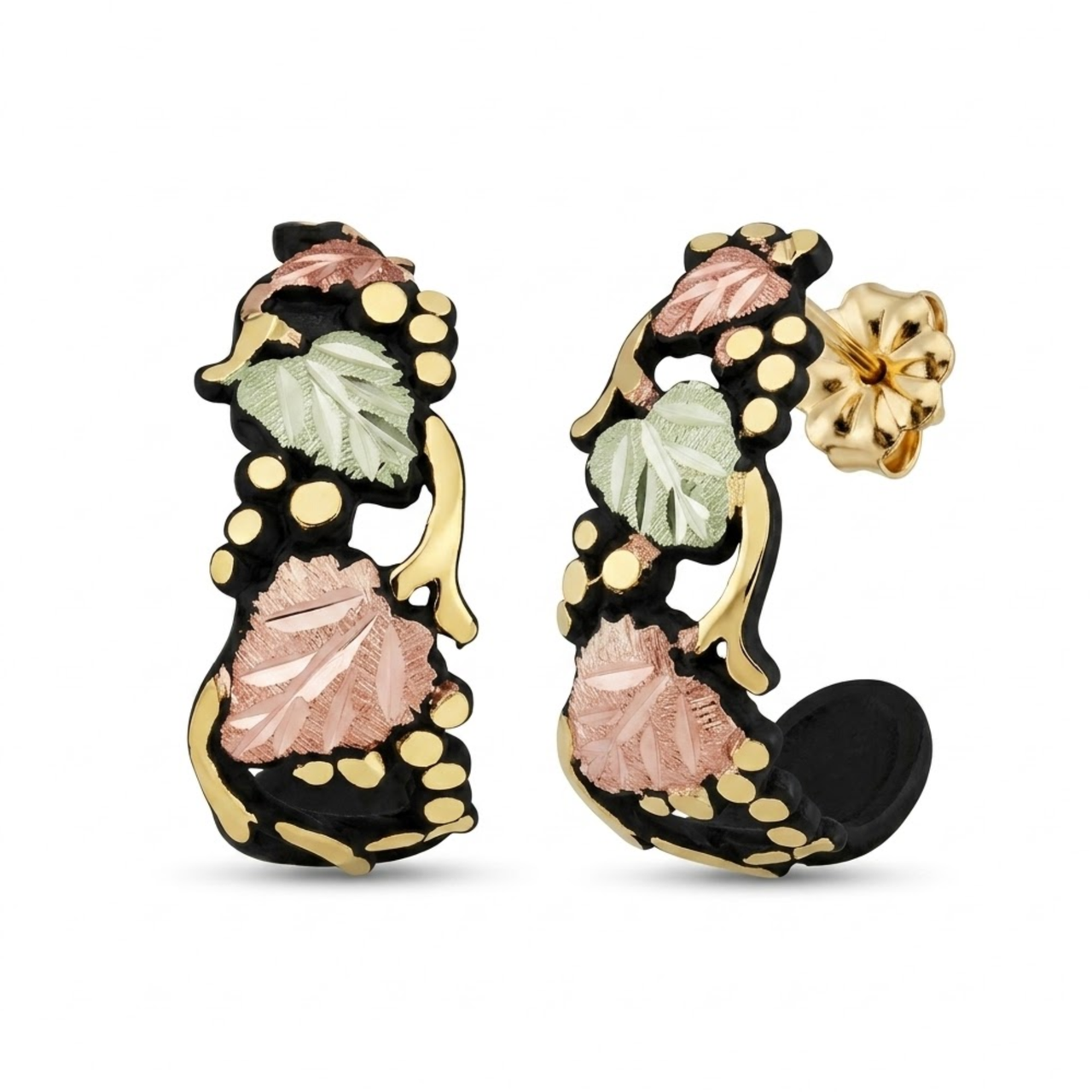 Ave 369 Black Powder Coat with Gold Trim and Leaves Earrings, 10k Yellow Gold, 12k Green and Rose Gold Black Hills Gold Motif
