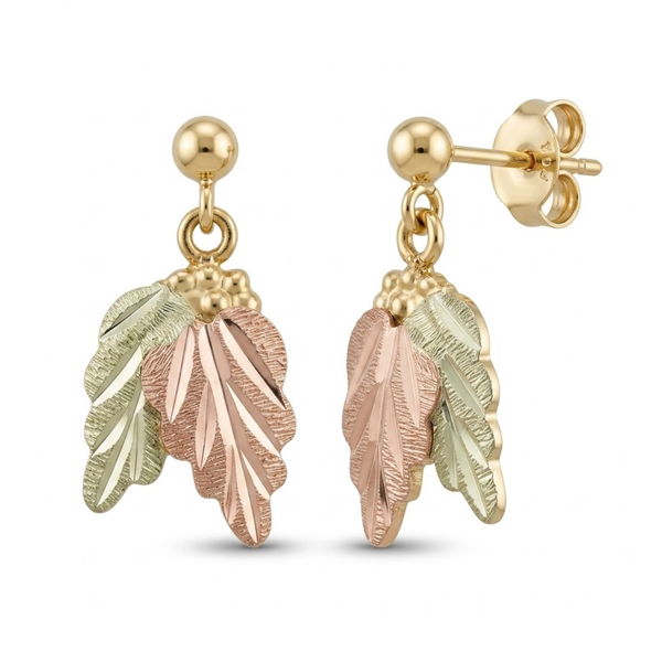 Ave 369 Ball Post Earrings, 10k Yellow Gold, 12k Green and Rose Gold Black Hills Gold Motif