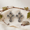 Granulated Bead Scroll Oxidized Cross Earrings, Sterling Silver, 12k Green and Rose Gold Black Hills Gold Motif
