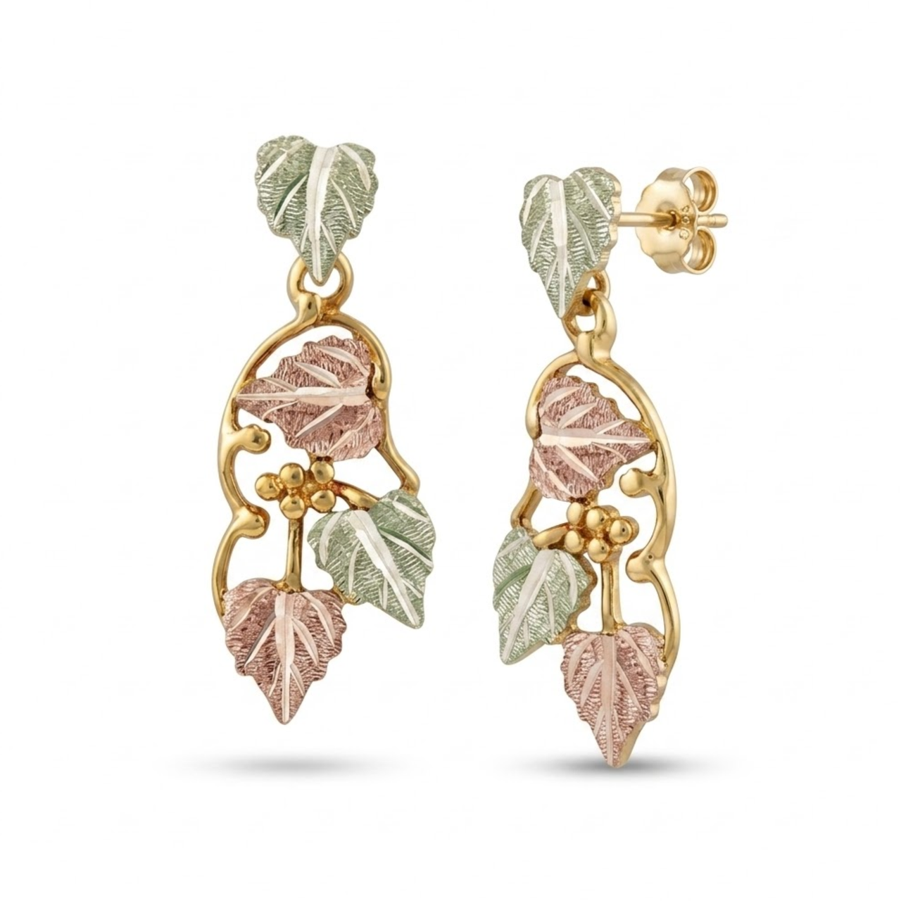 Precious Grape Leaf Drop Earrings, 10k Yellow Gold, 12k Green and Rose Gold Black Hills Gold Motif
