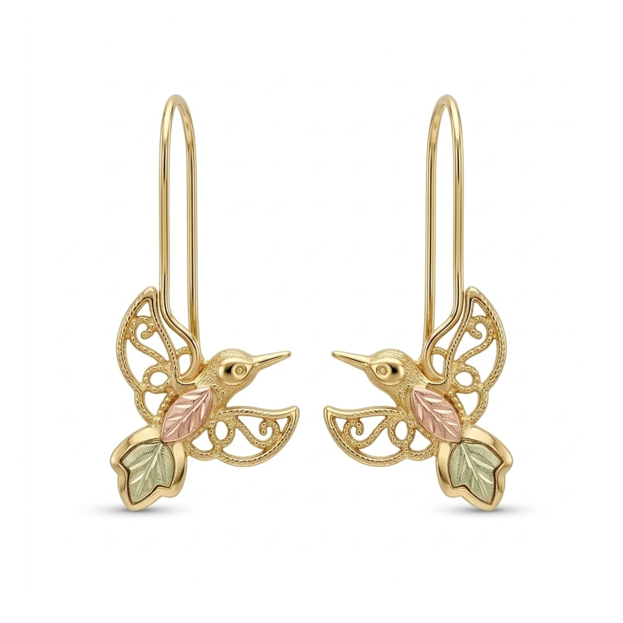 Filigree Hummingbird Earrings, 10k Yellow Gold, 12k Green Gold, 12k Rose Gold Black Hills Gold