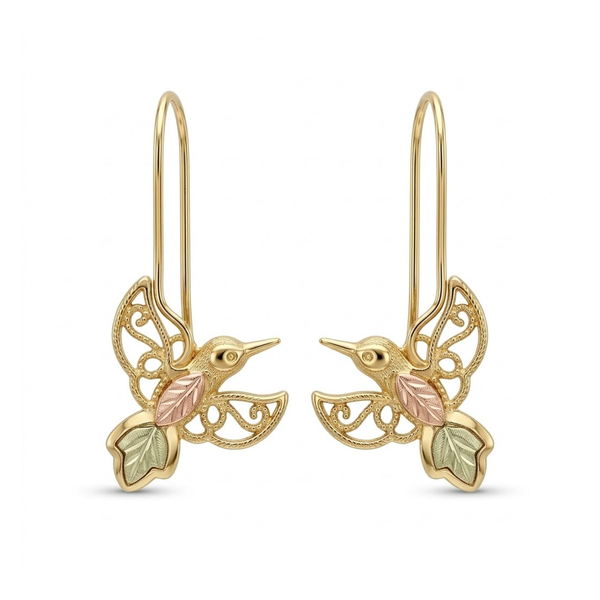 Filigree Hummingbird Earrings, 10k Yellow Gold, 12k Green Gold, 12k Rose Gold Black Hills Gold