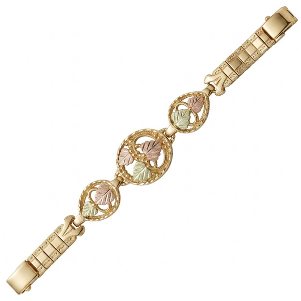10k Yellow Gold Black Hills Gold Grape Cluster Bracelet with 12k Rose & Green Gold Leaves Oval Link Bracelet 8 Inch Womens Heritage Jewelry