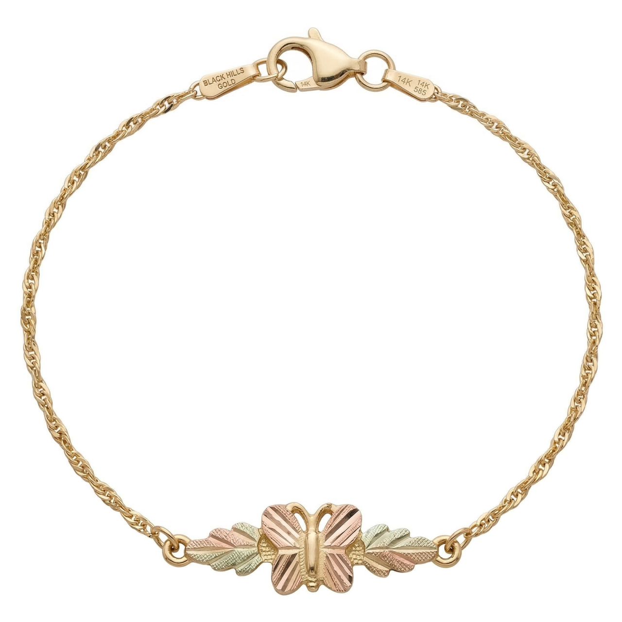 Petite Butterfly with Leaf Bracelet, 10k Yellow Gold, 12k Green and Rose Gold Black Hills Gold Motif, 7.25"