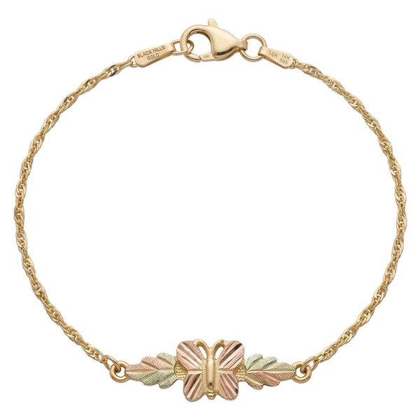 Petite Butterfly with Leaf Bracelet, 10k Yellow Gold, 12k Green and Rose Gold Black Hills Gold Motif, 7.25"