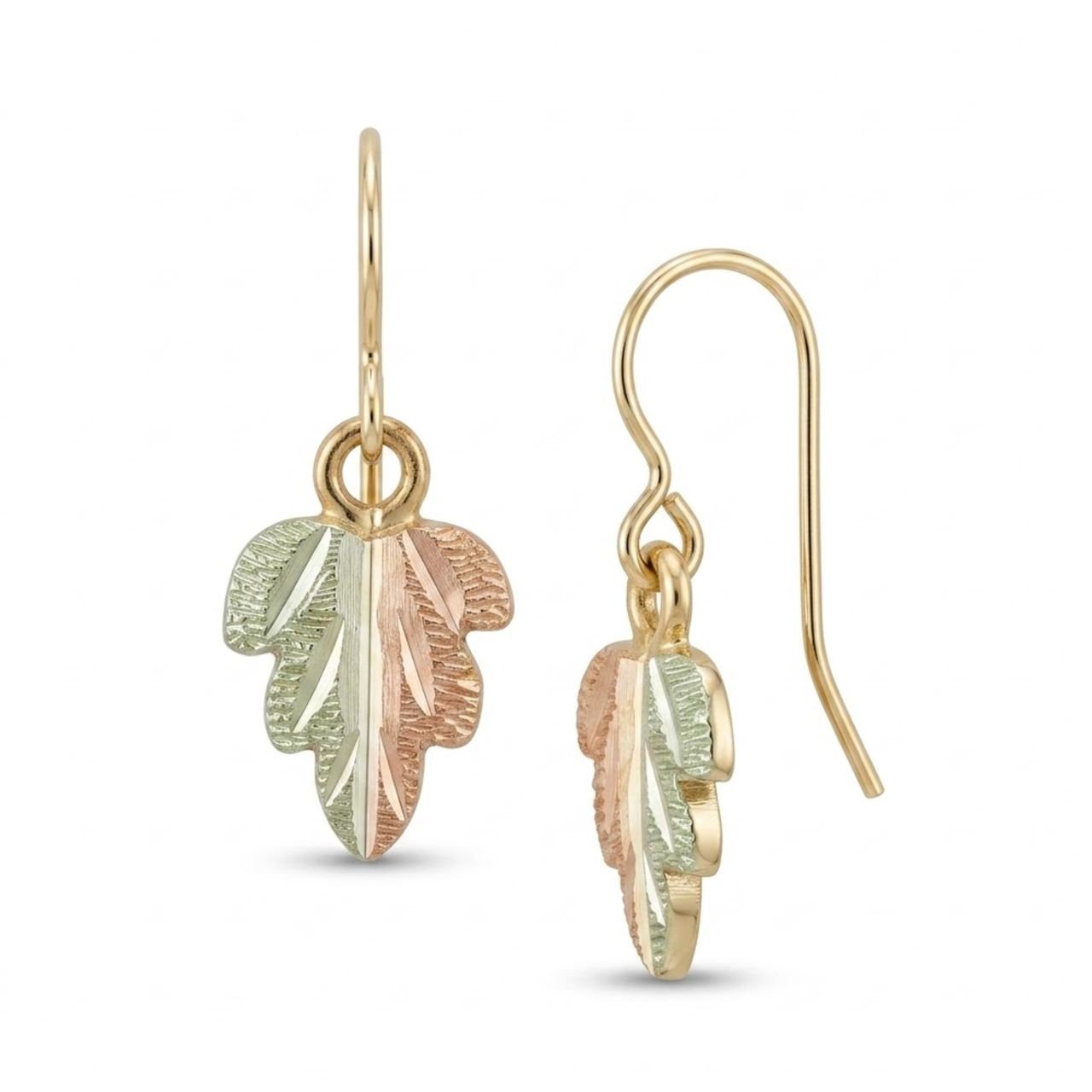 Two-Tone Split Leaf Earrings, 10k Yellow Gold, 12k Green and Rose Gold Black Hills Gold Motif