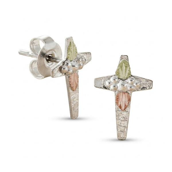 Cross Earrings, Sterling Silver, 12k Green and 12k Rose Gold Black Hills Gold Motif