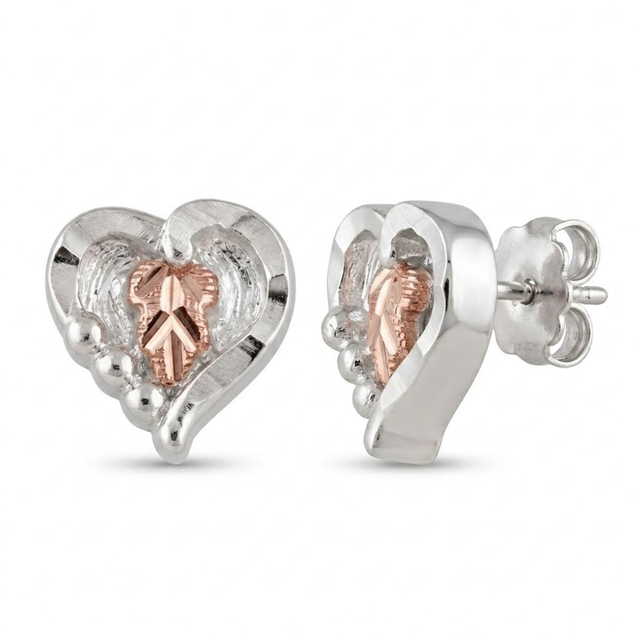 Ave 369 Bead Heart Earrings, Sterling Silver, and 12k Rose Gold Black Hills Gold Motif