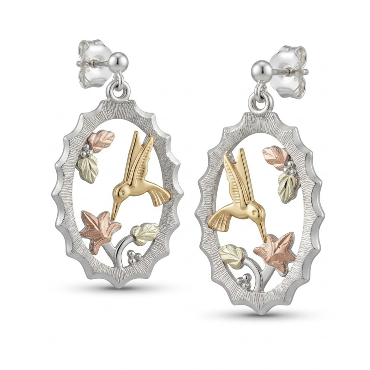Diamond-Cut Hummingbird Oval Earrings, Sterling Silver, 12k Green and Rose Gold Black Hills Gold Motif