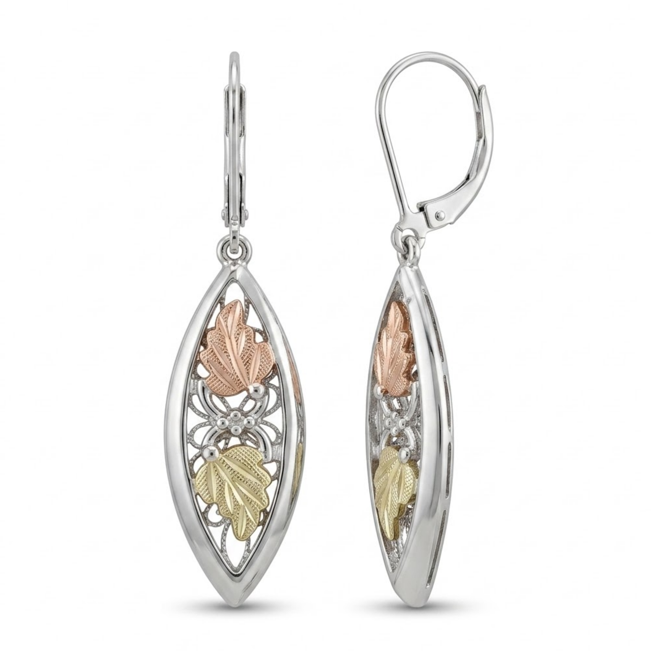 Oval Foliage Earrings, Sterling Silver, 12k Green and Rose Gold Black Hills Gold Motif