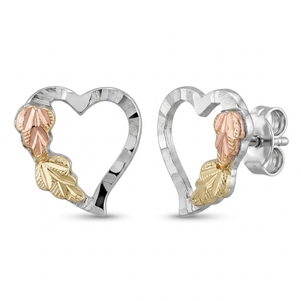 Heart Earrings, Sterling Silver, 12k Green and Rose Gold Black Hills Gold Motif