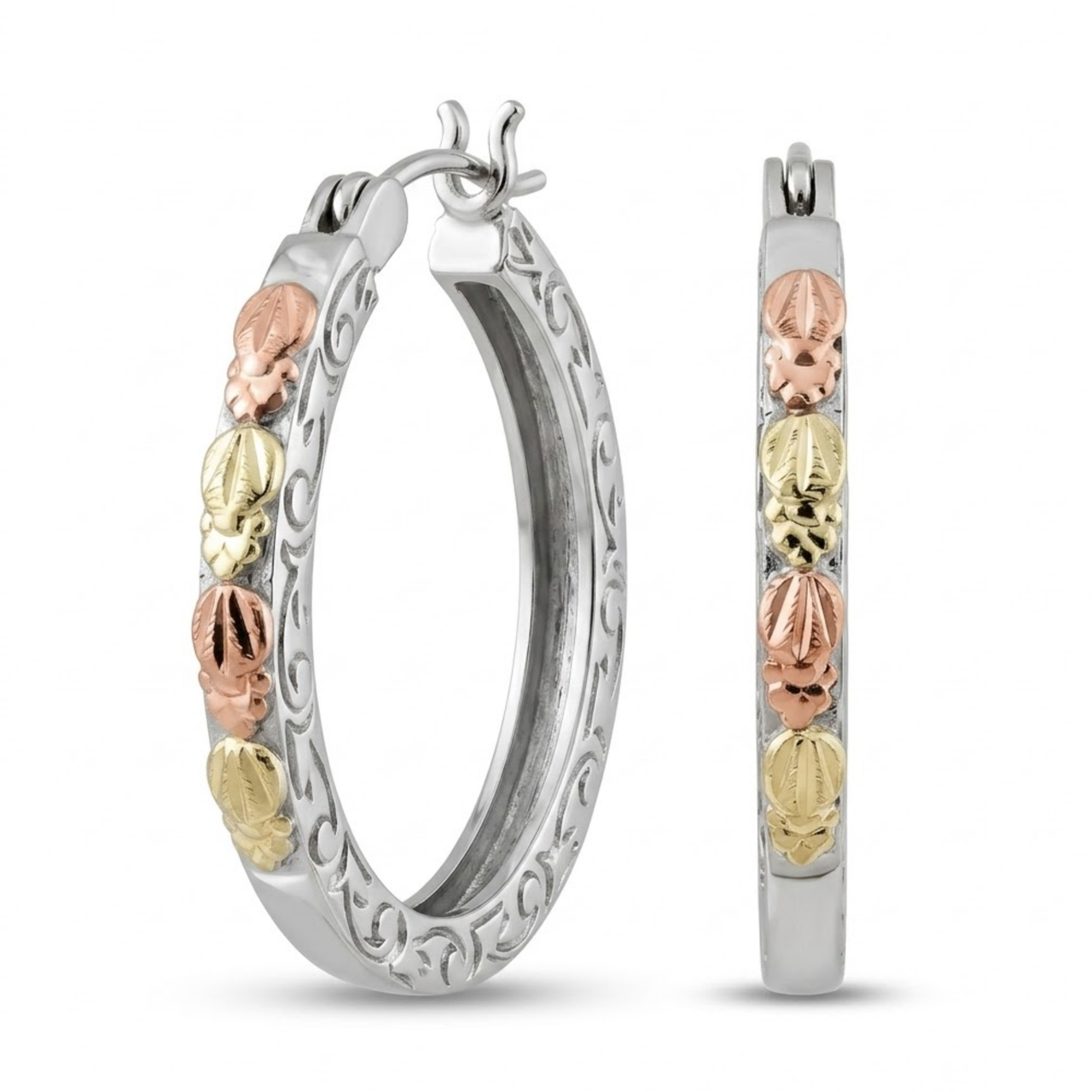 Tri-Color Openwork Scroll Oval Hoop Earrings in Sterling Silver with 12k Green and Rose Gold Leaves, Black Hills Gold Botanical Jewelry for Women with Hinged Closures