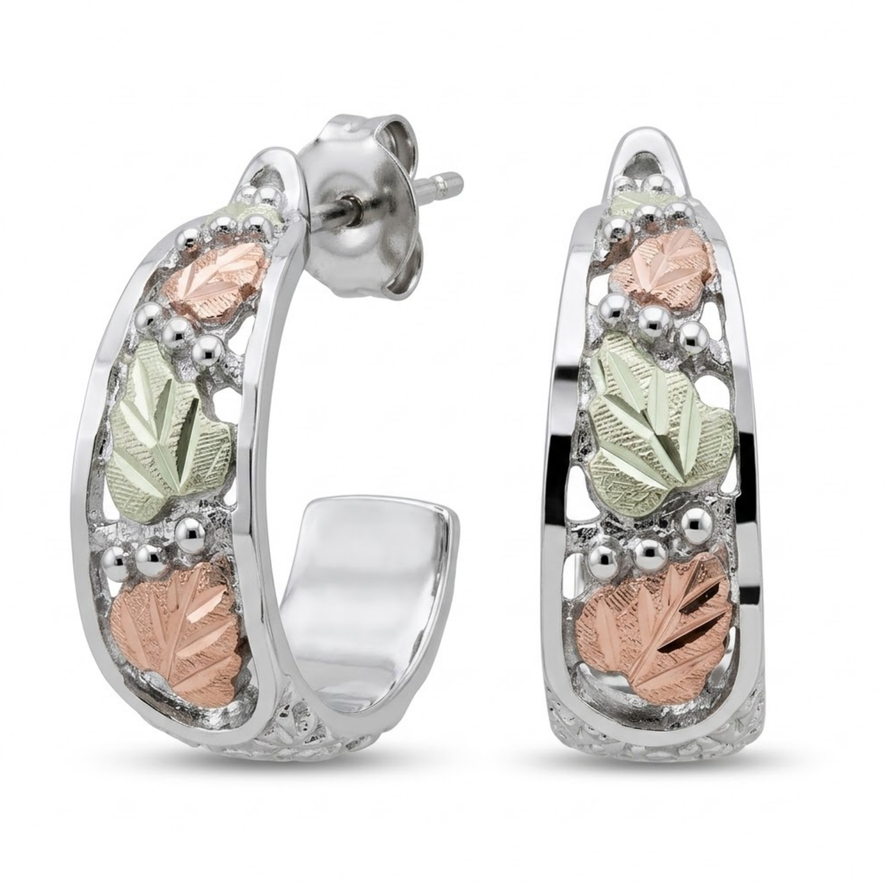 Graduated Leaves Semi Hoop Earrings, Sterling Silver, 12k Green and Rose Gold Black Hills Gold Motif