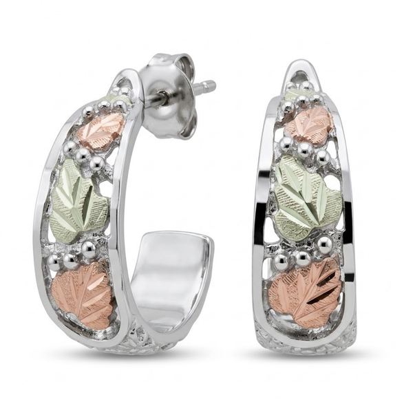 Graduated Leaves Semi Hoop Earrings, Sterling Silver, 12k Green and Rose Gold Black Hills Gold Motif