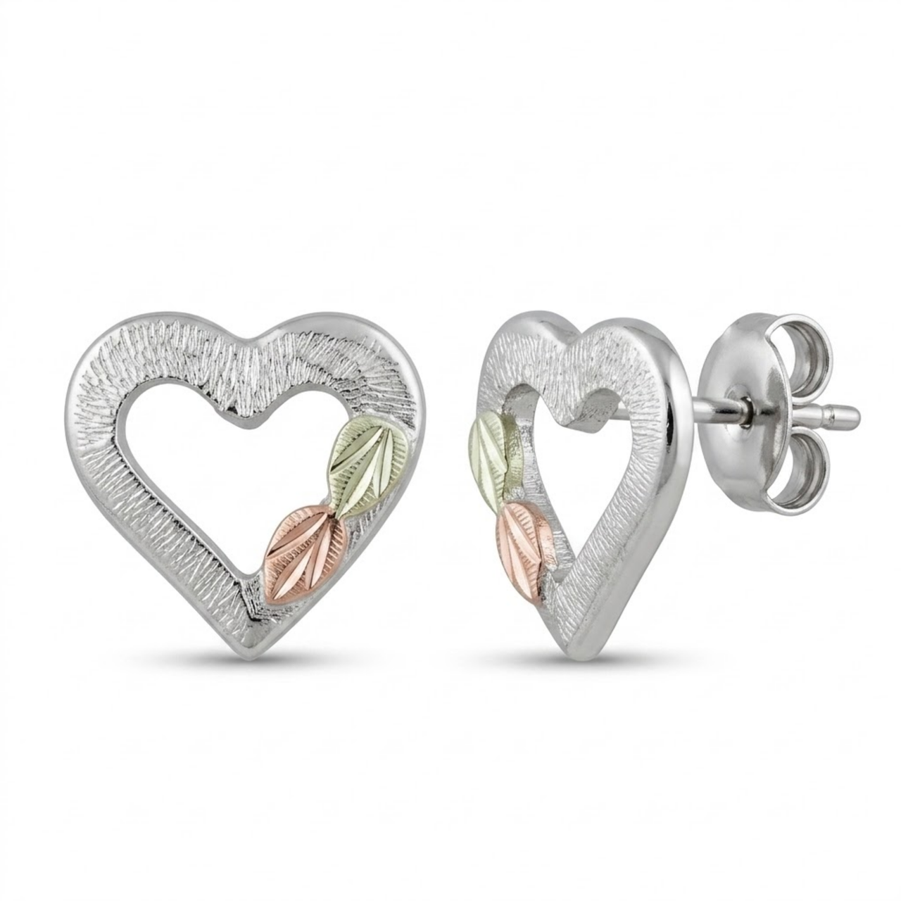 Heart Shaped Earrings, Sterling Silver, 12k Green and Rose Gold Black Hills Gold Motif