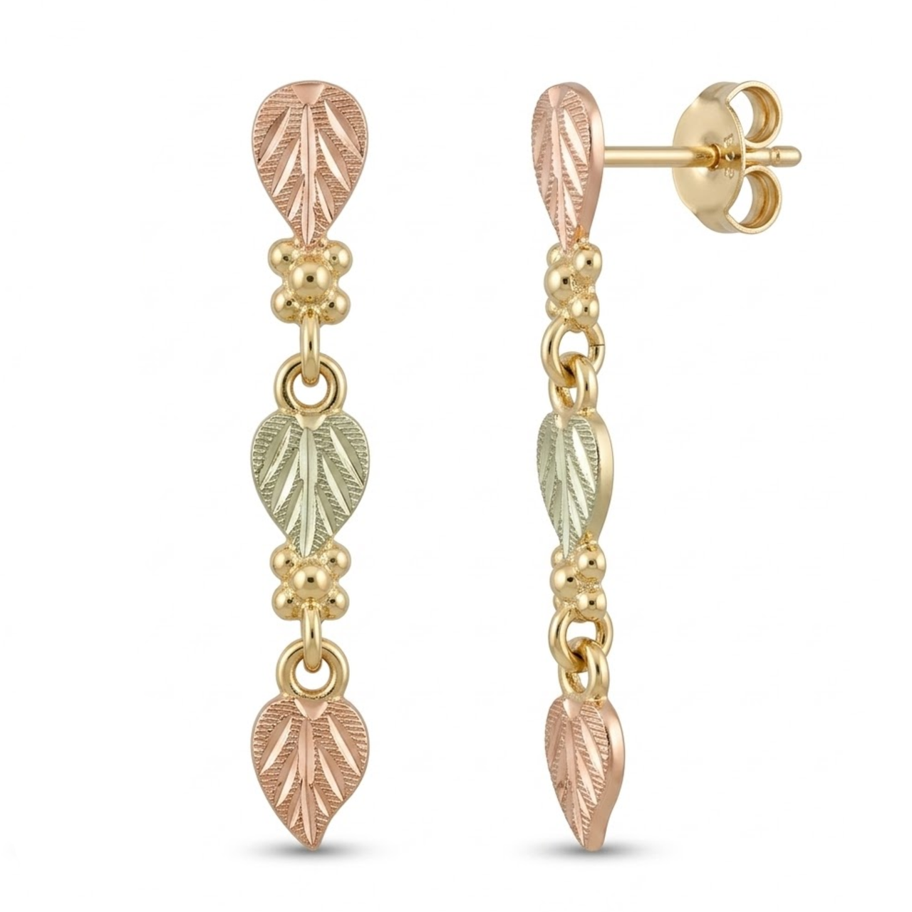 Three Frosty Leaves Earrings, 10k Yellow Gold, 12k Green and Rose Gold Black Hills Gold Motif