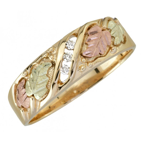 Ave 369 3-Stone Diamond Band, 10k Yellow Gold, 12k Green and Rose Gold Black Hills Gold Motif (.06 Ctw)