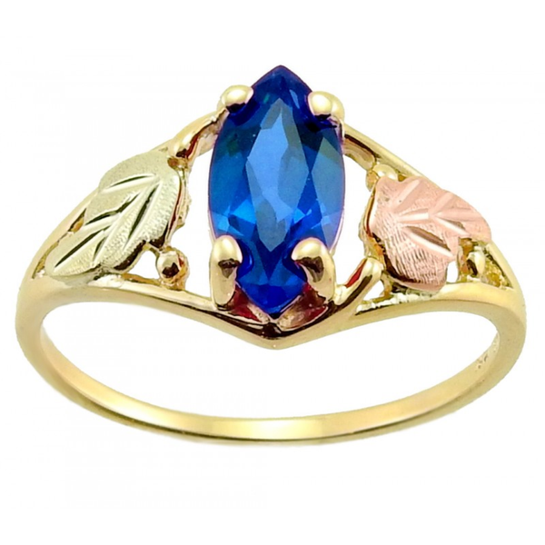 Ave 369 Created Marquise Sapphire Ring, 10k Yellow Gold, 12k Green and Rose Gold Black Hills Gold Motif