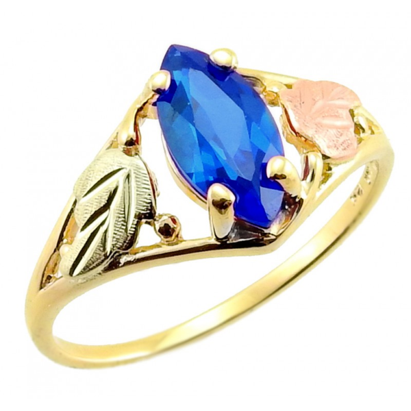 Ave 369 Created Marquise Sapphire Ring, 10k Yellow Gold, 12k Green and Rose Gold Black Hills Gold Motif