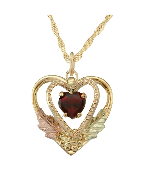 Ave 369 Garnet Heart January Birthstone Pendant Necklace, 10k Yellow Gold, 12k Green Gold, 12k Rose Gold Black Hills Gold, 18"